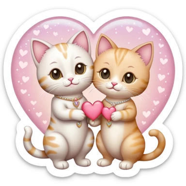 A cute cartoon-style emoji of a cat and a kitten in elegant wedding attire, standing side by side, holding paws, with tiny wedding rings and a small heart floating above them, surrounded by soft sparkles and a romantic pastel background. sticker