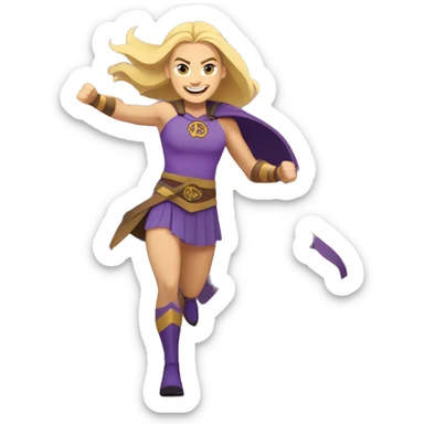 blond haired tall superhero woman with strong shoulders happily boldly charging into action. Her face looks like actress Annie Murphy. Her costume colors are purple and yellow. Her shoes are Hoka. The emblem on her costume is a Minnesota Viking. sticker