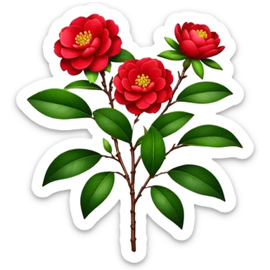 bouquet Red Camellia, luxuriant, stem, leaf sticker
