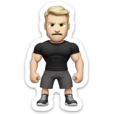 Angry Pale skinned Fit Man With the biceps and dark brown hair in black shirt, gray sports shorts and white Sneakers sticker