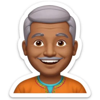 50 yr old indian man, dark skin, grey hair, big smile, white teeth, chubby, no moustache, clean shaven, young style hair, bindy, hair brushed back, stubble sticker