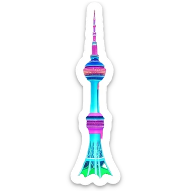 N Seoul Tower – Cinematic Realistic N Seoul Tower, depicted as a sleek modern tower illuminated against a vibrant cityscape at night, with reflective glass and dynamic neon lighting, rendered with intricate architectural detail and a futuristic urban glow. sticker