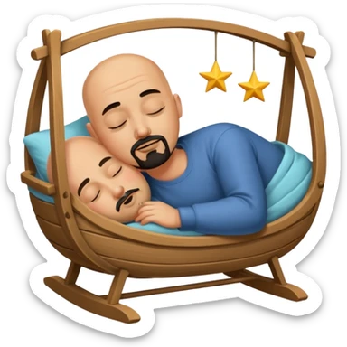 a bald, tan man who has a black goatee sleeping in a cradle sticker
