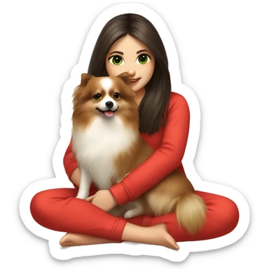 light-skinned-girl-with-dark-long-brown-hair-and-green-eyes-in-red-pajamas-petting-pomeranian sticker