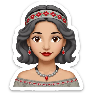 Latina woman, 50s, warm light brown skin, round soft face, wavy black and gray hair, red and white headband, medium eyes, thin eyebrows, gentle smile, gray peasant blouse, decorative embroidery, bare shoulders, large dark necklace sticker
