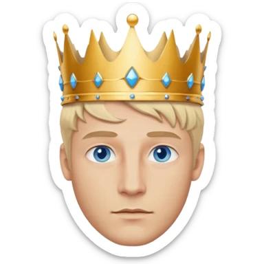 Man with blue eyes, blonde hair, and defined jawline wearing king crown sticker