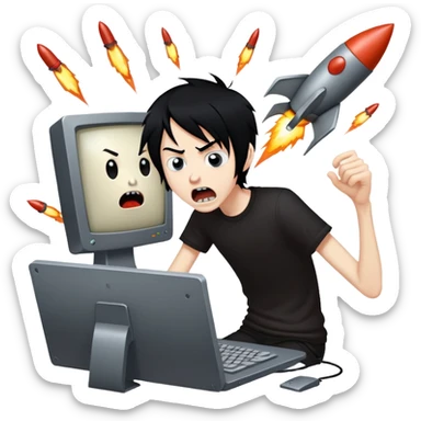 a skinny emo boy playing rust on his 2000 DOLLAR computer that as hes screaming in pure abysmal rage because he got raided when he had a full row of rockets  sticker