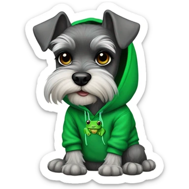 Mini schnauzer with a Kelly green frog hoodie sticker