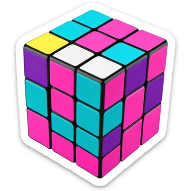 A 3x3 Rubik's Cube with radical 90s American color scheme, slightly twisted position, fluorescent colors, teal, hot pink, neon yellow, and purple sticker