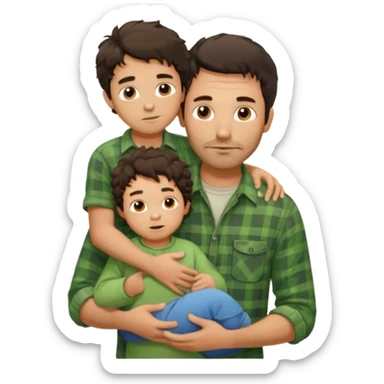 A father with messy medium-length dark hair and light stubble, wearing a green flannel shirt. He holds his child who has short curly brown hair and a cream-colored romper. Cozy warm lighting, authentic family moment. sticker