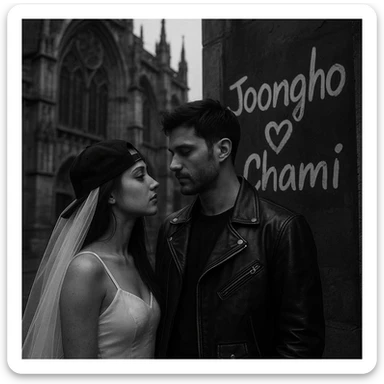 moody black-and-white street-style wedding couple in front of a gothic cathedral, bride wearing white veil and black snapback, groom in black leather jacket, urban trendy vibe, 'Joongho ❤️ Chami' in cool handwritten style on a wall or sign, black-and-white color theme, moody atmosphere sticker