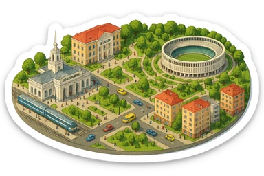 Изометричная миниатюрная фотореалистичная 3D модель панорамы Краснодара - вокзал Краснодар, КубГМУ, парк Краснодар со стадионом, краснодарские дома, автотранспорт четкие линии, яркие цвета, мультяшный реализм, люди, автотранспорт, компактная композиция, вид сверху в изометрии, прозрачный фон sticker