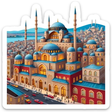Cinematic Realistic Istanbul Pop Culture Emoji, depicted with a vibrant portrayal of the bustling cityscape rendered with lively textures and energetic, urban lighting. sticker