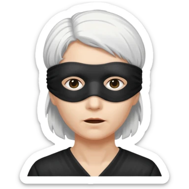 A person with white hair which is standing upward and blindfolded and also make it so it’s impossible to see through the blindfold sticker