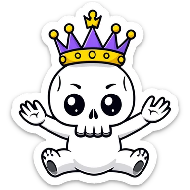 A shocked skull with a crown on top, both hands raised pressing on its head in disbelief, black and white sticker