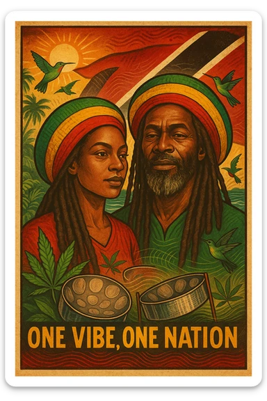 Create a vibrant digital illustration in vintage poster style featuring a proud Trinidadian Rasta man and woman with long dreadlocks and a bold red, gold, and green tam. The background should incorporate the Trinidad and Tobago flag in a stylized, textured way — using deep red, black, and white tones that blend with tropical elements. Surround the figure with iconic cultural symbols like steelpan drums, ganja leaves, and hummingbirds in flight. Add warm Caribbean sunlight, ocean waves, and lush greenery to enhance the island energy. The Rasta man should radiate peace, power, and island wisdom — with bold facial features, calm expression, and a sense of spiritual presence. The overall tone should be rootsy, regal, and rich with island soul — merging reggae culture with Trinidadian pride. Optional accents: subtle soca rhythm lines in the background or a quote like “One Vibe, One Nation.” sticker