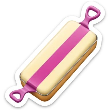 Un primer plano fotorrealista de una barra de mantequilla corporal sólida con un grabado botánico sutil. El color de la barra es rosa suave. Colores: rosa, crema y magenta. Iluminación de estudio. Estilo: producto sólido, limpio. sticker