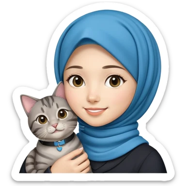 Asian White girl wearing cute hijab holding a black grey tabby cat while smiling. The cat is wearing a blue collar sticker