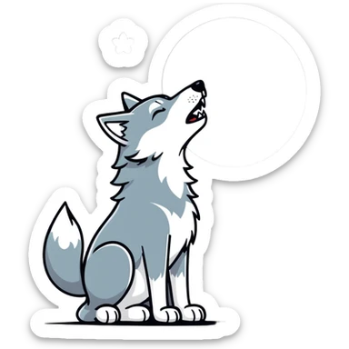 A wolf howling at heart shaped  the moon is shaped like a heart. The wolf has hearts coming out of its mouth, and it’s thumping its leg really fast and excitement. sticker