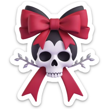 gothic bow with crimson velvet, silver skull charm, deep red rose center, dramatic and gothic sticker