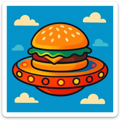 whimsical and playful UFO shaped like a burger, glowing lights, sesame seed bun top, floating in the sky sticker