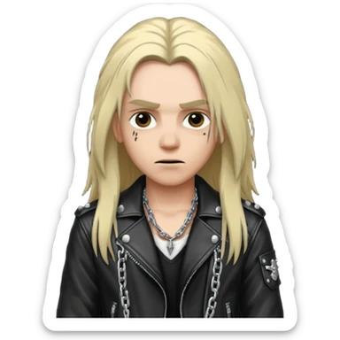 A fan of heavy extreme music, a metalhead in chains with rivets on a leather jacket sticker