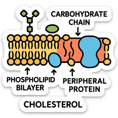 scientific diagram style biomembrane cross-section showing phospholipid bilayer, integral and peripheral proteins, cholesterol, carbohydrate chains, clear labeling and arrows sticker