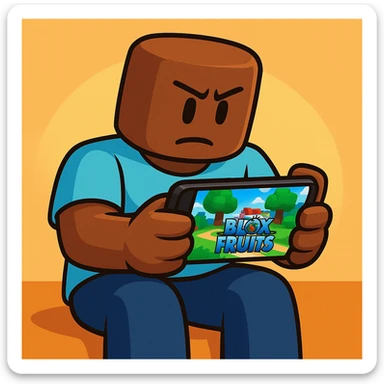 Cancer playing Blox Fruits on phone, Roblox style, brown character sticker