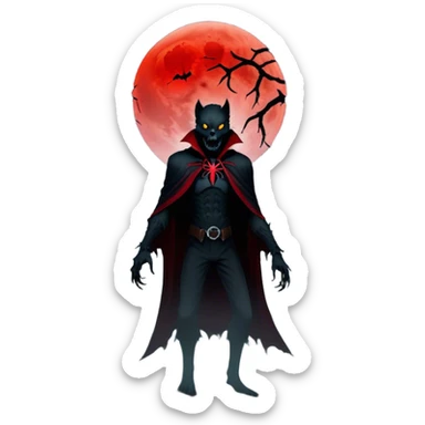 Icon for Horror Movies: A chilling collage with a monstrous werewolf or vampire, dark silhouettes, eerie graveyards, and creepy elements like spiders and tombstones. Ghostly fog surrounds, with a blood-red moon in the sky. The atmosphere is unsettling, eerie, and haunting. Transparent background. sticker