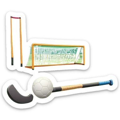A field hockey stick and ball resting on a well-maintained green grass field, with the goalposts and markings visible in the background. The scene highlights the precision and focus of the sport, with the vibrant green pitch creating a dynamic atmosphere. sticker