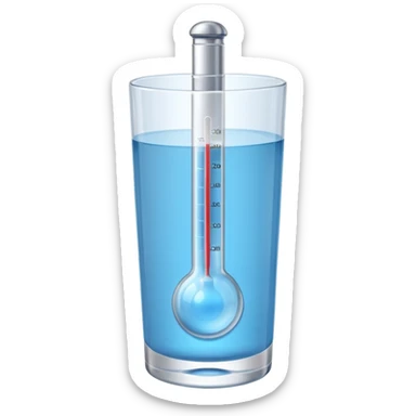 At a 45-degree angle backward and slightly to the right, the thermometer in a glass of water should be gray, like a mercury thermometer, and show 50+>C in 3D format. The water should also be blue. sticker