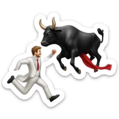 black bull chasing man in white suit whith a red scarf sticker