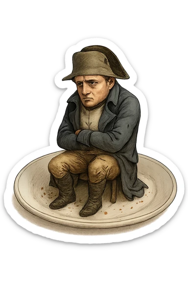 Сгенерируй мне такую же тарелку, только чтобы на ней сидел наполеон бонапарт, грустный, в чуть чуть рваной одежде. ТОРТ УБЕРИ ПОЛНОСТЬЮ. На прозрачной фоне. Наполеон должен быть в цвете sticker