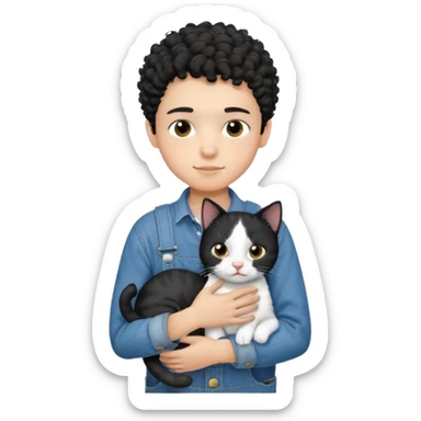 Apple emoji of a 13 year old boy with short black curly hair and dark brown eyes of light skin with denim shirt and overalls hugging a black and white cat sticker