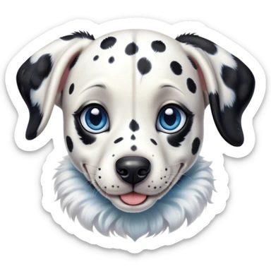 Cinematic Cute Harlequin Dalmatian Portrait Emoji, Head tilted playfully and inquisitively, featuring a glossy Fur of predominantly white with dynamic black patches, round, sparkling blue eyes filled with gentle curiosity, Simplified yet irresistibly adorable features, highly detailed, glowing with a warm, friendly glow, high shine, affectionate and gentle, stylized with a touch of whimsy, bright and endearing, soft glowing outline, capturing the essence of a mischievous yet loving pup, so playful it feels like it could lumber out of the screen and into your arms! sticker