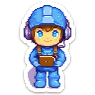 8-bit pixel art icon of a recruiter Mega Man style with a headset holding a pen and notepad ready to interview sticker
