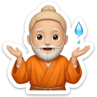 Chibi Aacharya emoji, white beard and bun, orange robe, laughing with tears of joy, cute sticker style, transparent background, PNG sticker