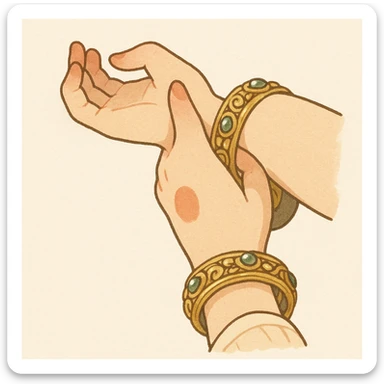 Convert this image of hands with ornate bangles into a delicate Ghibli-style emoji, focusing on soft colors and detailed bangles with a gentle, illustrative touch. sticker