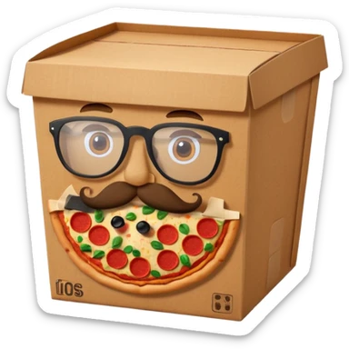pizza take-out carton with glassess and mustache sticker