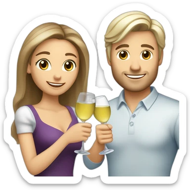 caucasian woman with brown eyes and blond shoulter long hair and a caucasian man with blue eyes and grey hair, toasting with a glass of white wine sticker
