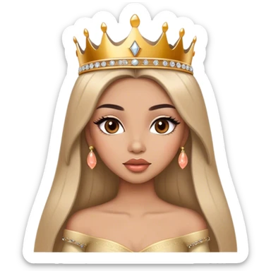 Glamourous princess, light brown skin tone, very beautiful girl, with big plump peach-beige lips, long long lashes, black straight smooth silky long hair, straight parting hair, brown eyes, gold tiara sticker