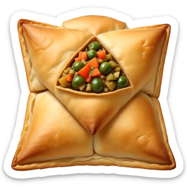 Samosa Cinematic Realistic Samosa Snack Emoji, depicted as a crispy, golden triangular pastry filled with spiced vegetables or meat, rendered with rich textures and vibrant, appetizing lighting. sticker