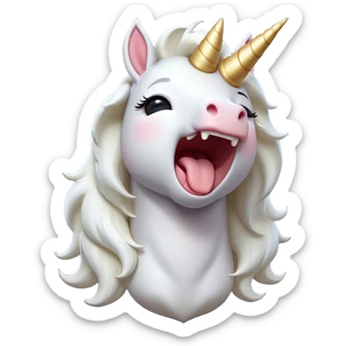 Cinematic Cute Yawning White Unicorn Portrait Emoji, Head tilted slightly with a dramatic, wide-open yawn, showcasing a softly elegant form with a gently cascading mane, a subtly glowing horn and sleepy, half-closed eyes, Simplified yet irresistibly adorable features, highly detailed, glowing with a soft, cozy magical glow, high shine, relaxed yet expressive, stylized with a dash of whimsical enchantment, soft glowing outline, capturing the essence of a drowsy yet affectionate white unicorn that appears ready to stretch and yawn its way out of the screen! sticker