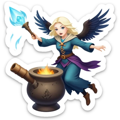 Baba Yaga sorceress woman flying in a mortar, magical aura sticker
