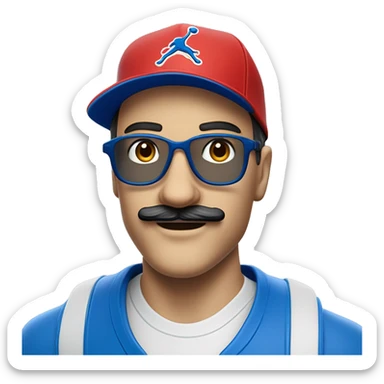 Homme européen yeux bleus avec une moustache portant des lunettes bleues , une casquette jordan bleu , un survêtement bleu sticker
