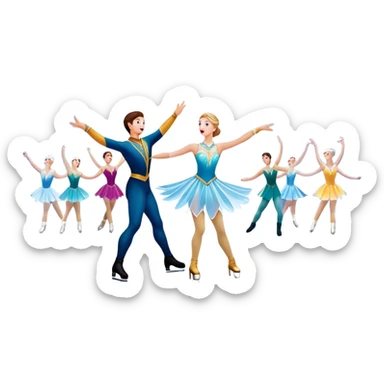 An icon of a theatrical ice show with close-up costumed figure skaters performing a dramatic scene on a glowing ice stage. Spotlights, colorful scenery, and a cheering audience in a grand arena convey the magic and artistry of the ice performance. Transparent background included. sticker