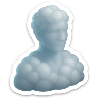 person looking straight, made entirely of white fluffy convex clouds, shoulder up, matte glass style, clouds with light blue glow sticker