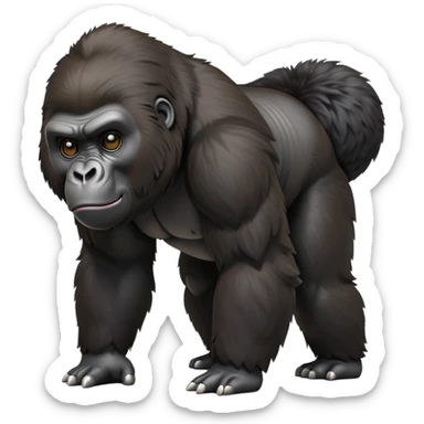cinematic-gorilla-realistic-full-body-on-all-fours-emoji,-exuding-strength,-thick-dark-fur-in-the-light,-head-tilted-dramatically,-deep-dark-eyes-filled-with-intense-intelligence,-simplified-yet-realistic-focused-features,-highly-detailed, zoomed out friendly  sticker