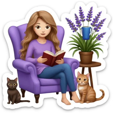 a woman with long light brown wavy hair and light brown eyes reading a book, sitting on a comfortable reading chair, two cats (one black cat and one brown tabby cat) beside her, small table with a cup of coffee, garden setting with lavender flowers around her sticker