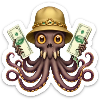 satanic octopus skeleton. Evil looking eyes, wearing a gold necklace and backwards hat. 2 tentacles are holding their own cellphones, 2 other tentacles are holding stacks of cash sticker